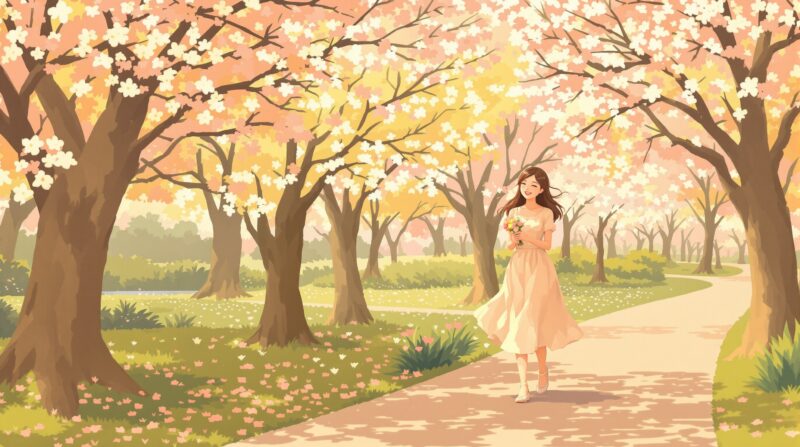 春の公園で笑顔を見せる女性のイラスト。自信を取り戻した明るい未来を表現。