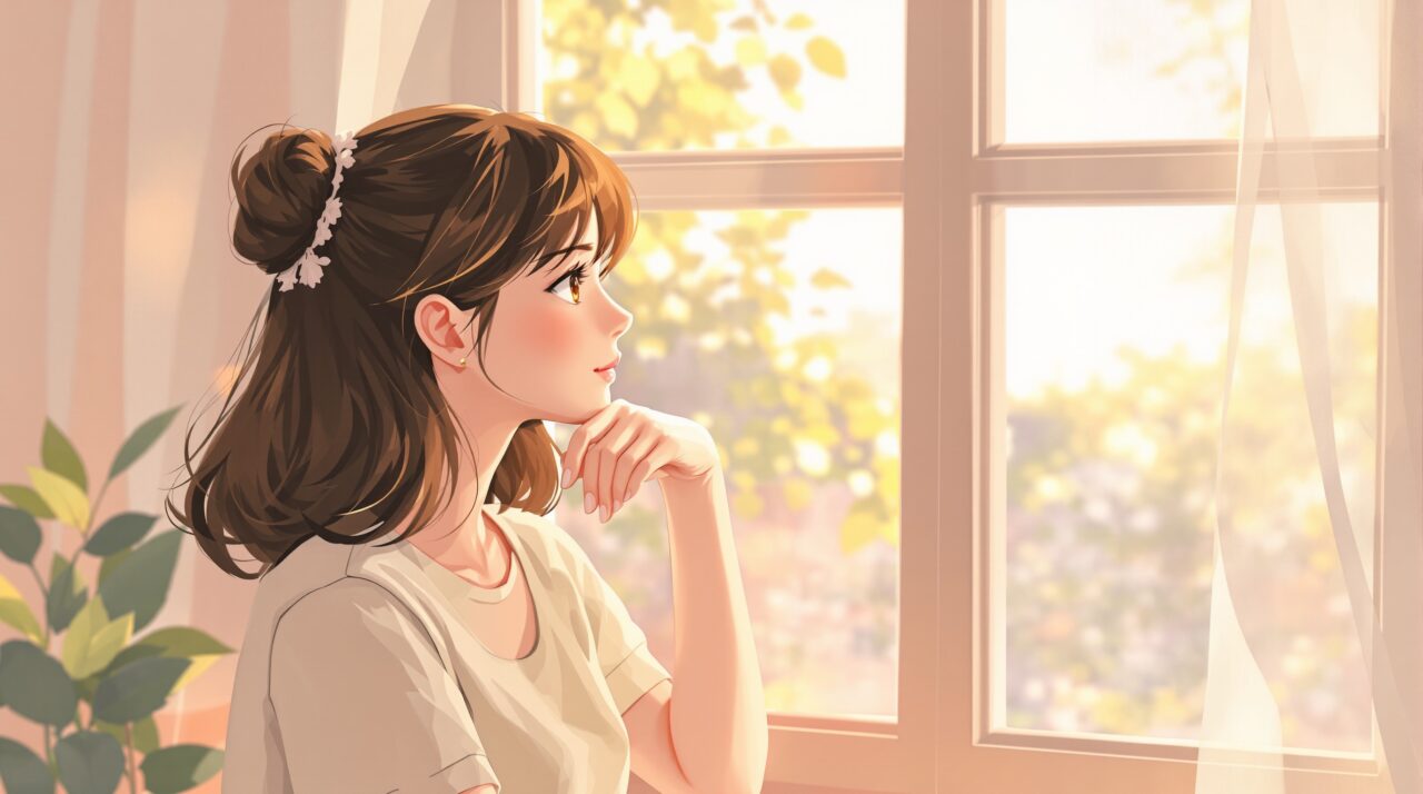 30代女性が窓辺で静かに物思いにふけるイラスト。自分らしい恋愛を模索する様子。