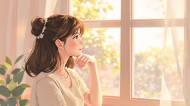 30代女性が窓辺で静かに物思いにふけるイラスト。自分らしい恋愛を模索する様子。