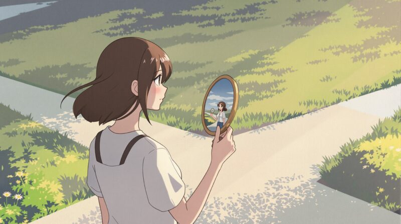 女性としての自信を見つめ直している姿のアニメ風描写