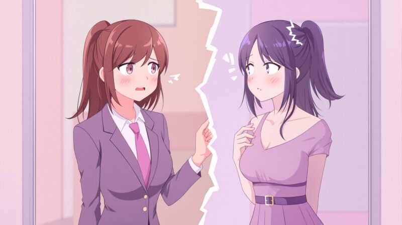 鏡の前で女性らしさと現代的な自己像のギャップに悩む女性のイラスト。