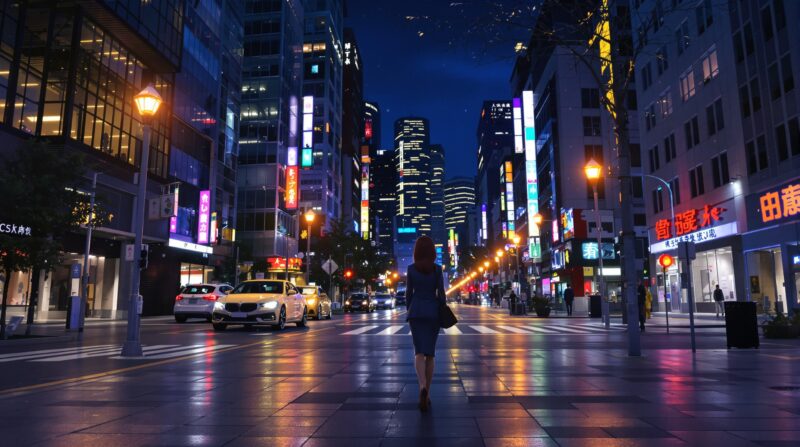 夜の街を一人で歩く、強く見えるけど少し寂しそうな女性