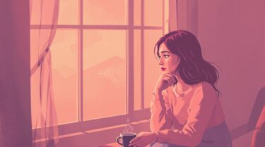 窓辺で物思いにふける女性のイラスト（やさしく切ない表情）