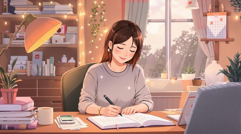 小さな達成を日記に書きながら、自分を認めてあげている女性のアニメ風イラスト