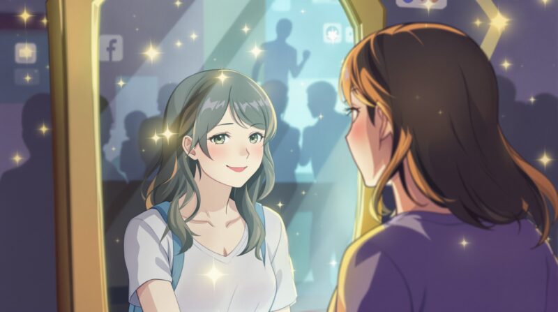 鏡に映る自分にやさしく微笑む女性と、他人と比べない姿勢を表現したイラスト