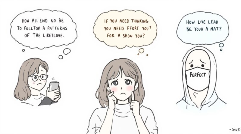 恋愛で不安になる女性の代表的な思考パターン3つを表現したイラスト