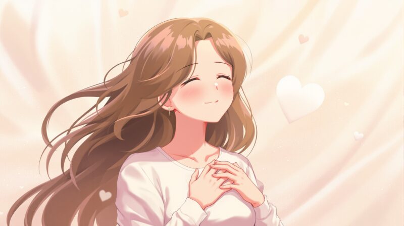胸に手を当てて自分の感情を受け止めている女性のやさしいアニメ風イラスト