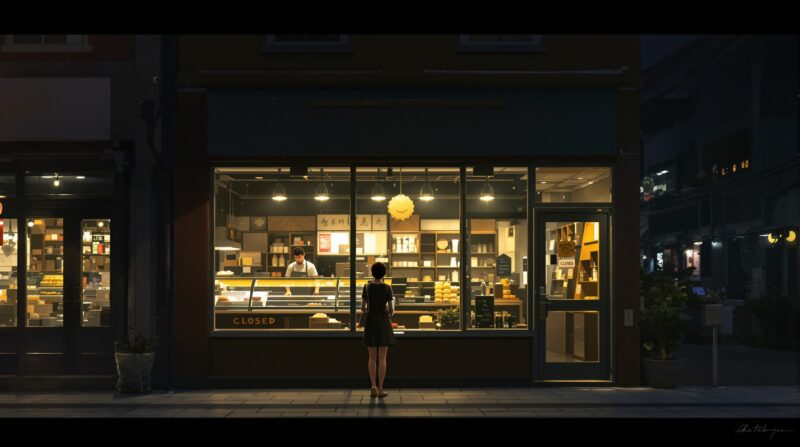 閉店か迷っている夜のケーキ屋の前に立つ女性