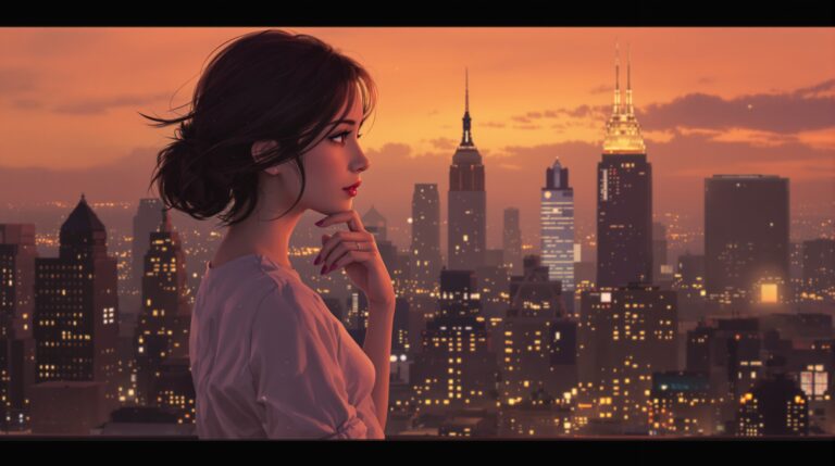 遠慮しがちな女性が夕暮れの街を見つめる様子