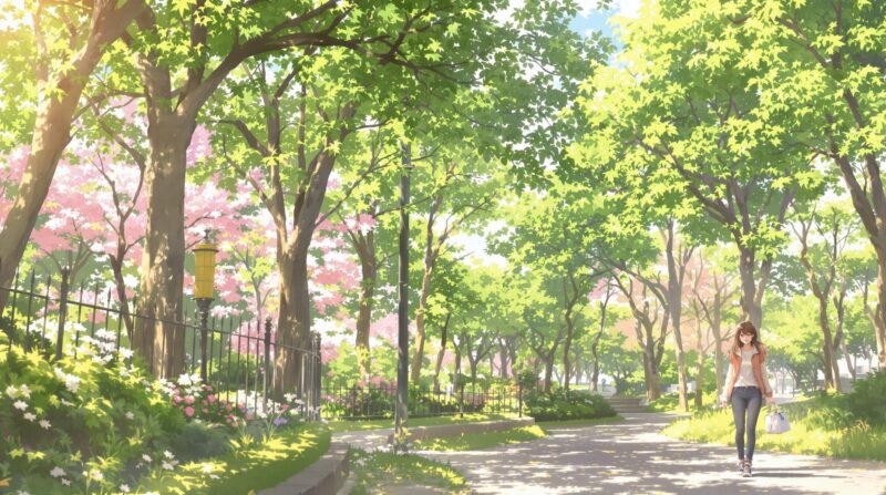 自然体で自信を持つ女性が、公園を歩きながら優しく微笑む様子。ありのままの自分で愛される姿を象徴している。