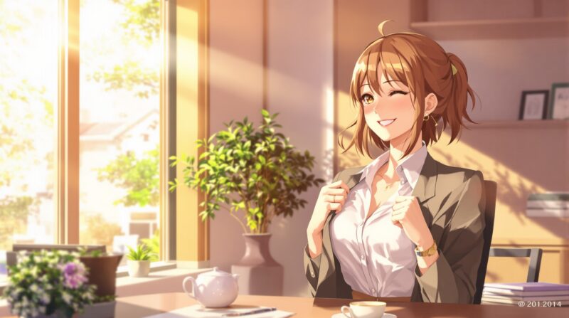 オフィスでブレザーを脱ぎ、ほっとひと息つく女性。完璧を求める日々から少し距離をとり、自分のペースを取り戻そうとしている。