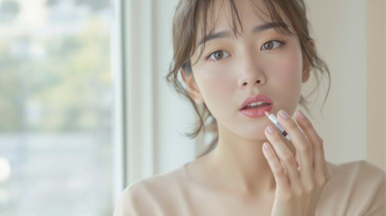 鏡の前でやさしくメイクをする20代女性のクローズアップ──女性らしさを思い出す柔らかな雰囲気