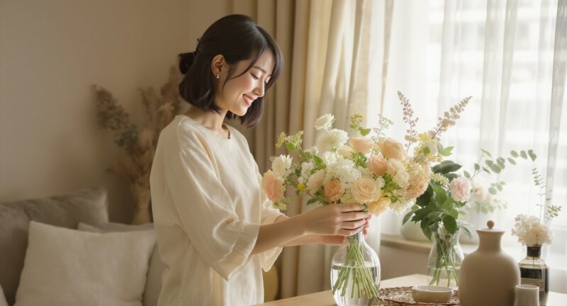 花を飾りながら自分を大切にする女性