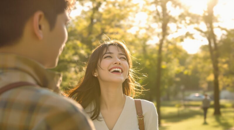 公園を歩きながら笑顔で彼と見つめ合う女性──自信が表情に現れる恋愛シーン