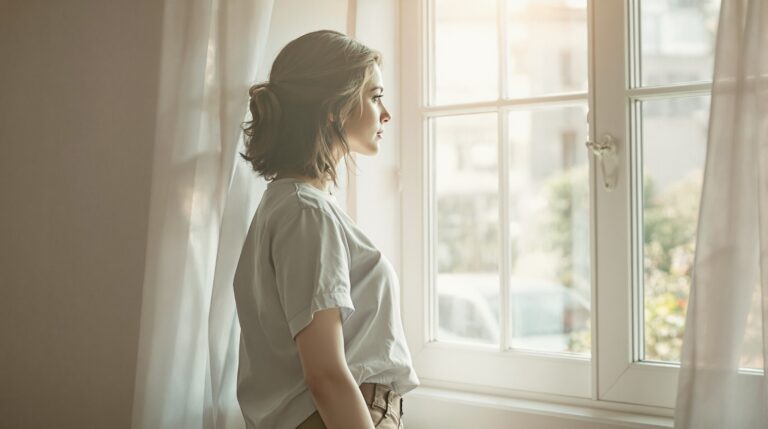 自分の魅力について考える女性の横顔（自然光の中で静かに微笑む）