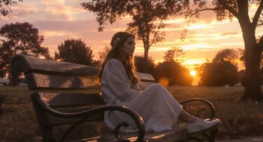 夕暮れの公園で切なさと希望を感じる女性