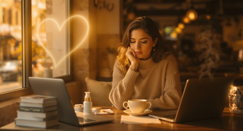 恋愛と自己投資の関係を象徴するように、本やスキンケアと共にカフェで思索する女性のイメージ