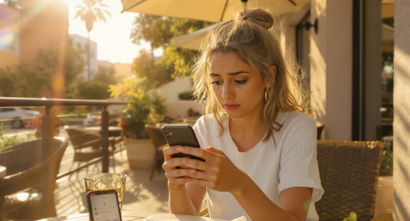 自分の話ばかりする男性に疲れた表情を見せる女性のイメージ