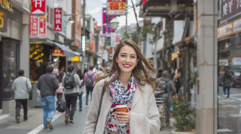 女性らしさを自然ににじませて歩く笑顔の女性