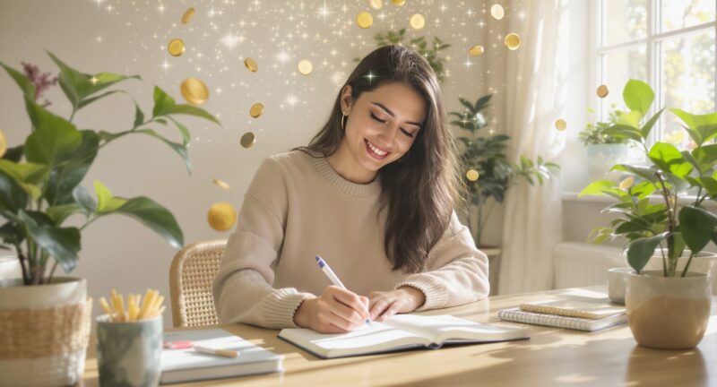 “自信貯金”を始める女性がノートに書き込みながら笑顔を見せるイメージ