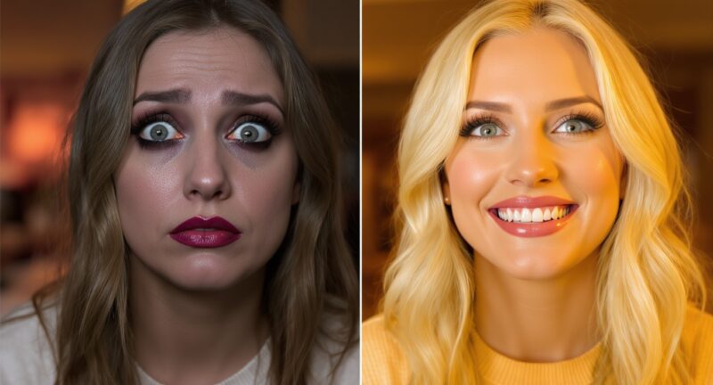Woman feeling insecure with heavy makeup