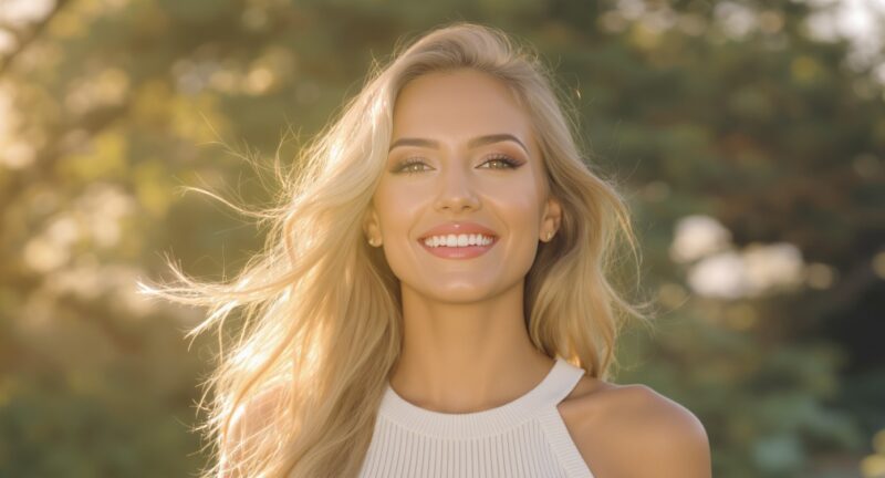 A woman doing natural “adjusting makeup” to boost self-esteem