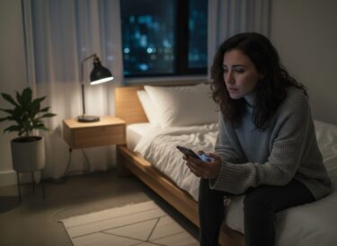 20代女性が夜の部屋でスマホを見ながら不安そうにしている様子のイラスト