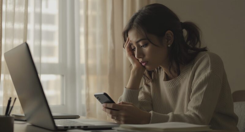 返信するか迷ってスマホの前で立ち止まっている女性