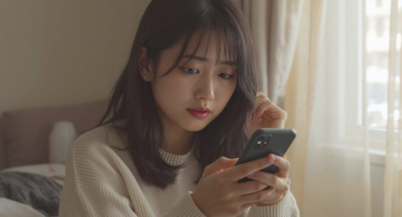 "彼の気持ちがわからなくて不安になり、スマホを見ながら考えている女性"