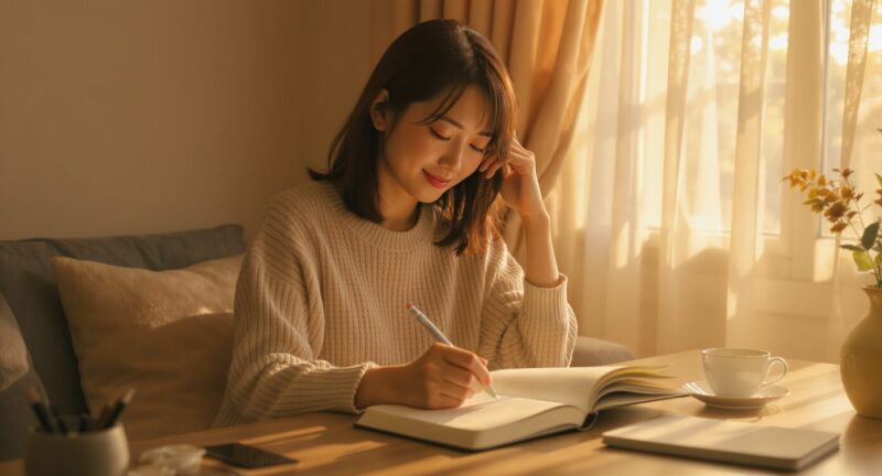 これからどう動くかを落ち着いて整理している女性