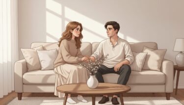 ソファに少し距離を空けて座る男女。 女性は少し不安そうに彼の横顔を見ている。 男性は穏やかで落ち着いた表情。