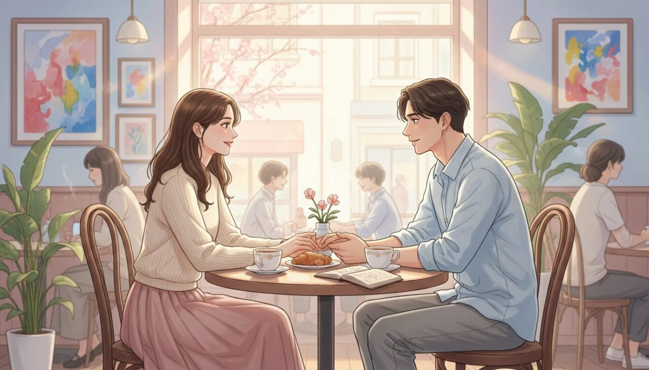 「距離ができたカップルが少しずつ関係を戻すイメージのイラスト」 「落ち着いて話す男女のイラスト」 「やさしいトーンのパステルカラー背景」