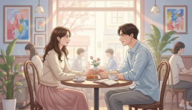 「距離ができたカップルが少しずつ関係を戻すイメージのイラスト」 「落ち着いて話す男女のイラスト」 「やさしいトーンのパステルカラー背景」