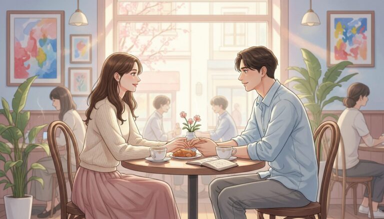 「距離ができたカップルが少しずつ関係を戻すイメージのイラスト」 「落ち着いて話す男女のイラスト」 「やさしいトーンのパステルカラー背景」