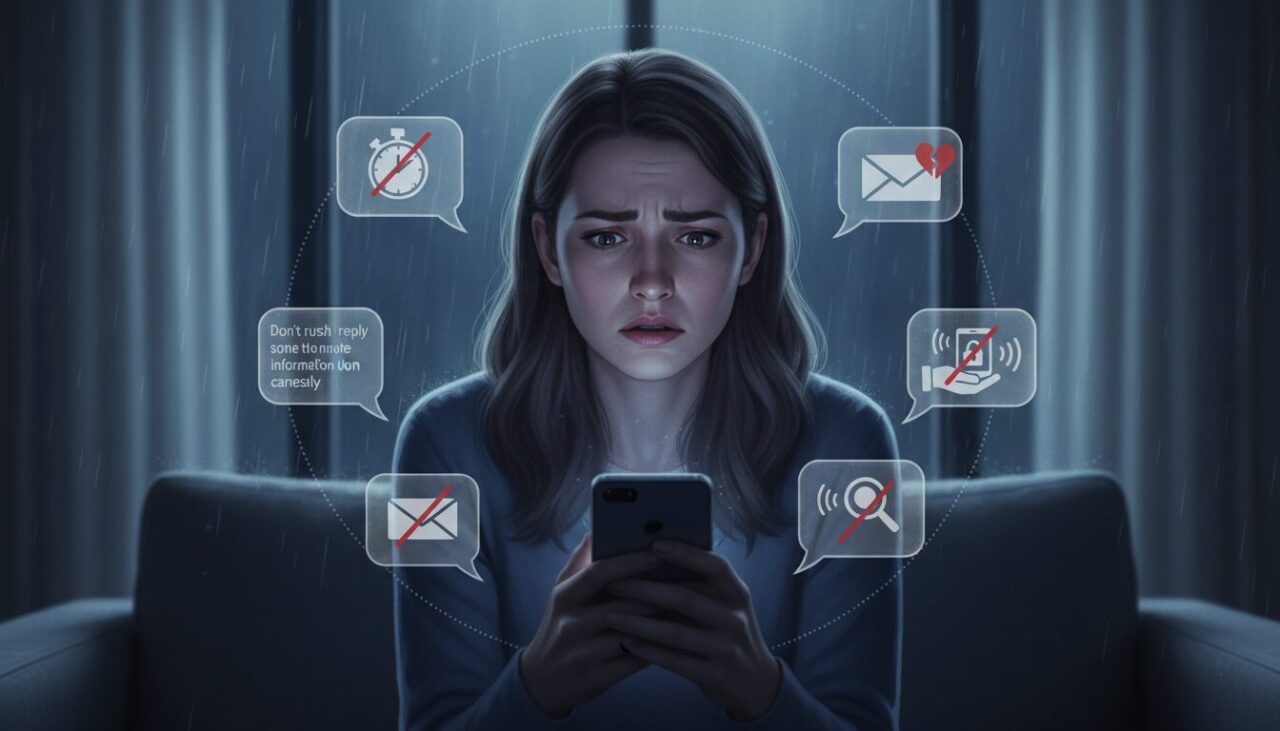 スマホを見て不安そうな女性のイラスト LINE吹き出しのアイコンが並ぶデザイン 「NG行動」「やってはいけない」と分かる視覚的要素