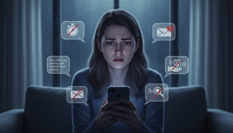 スマホを見て不安そうな女性のイラスト LINE吹き出しのアイコンが並ぶデザイン 「NG行動」「やってはいけない」と分かる視覚的要素