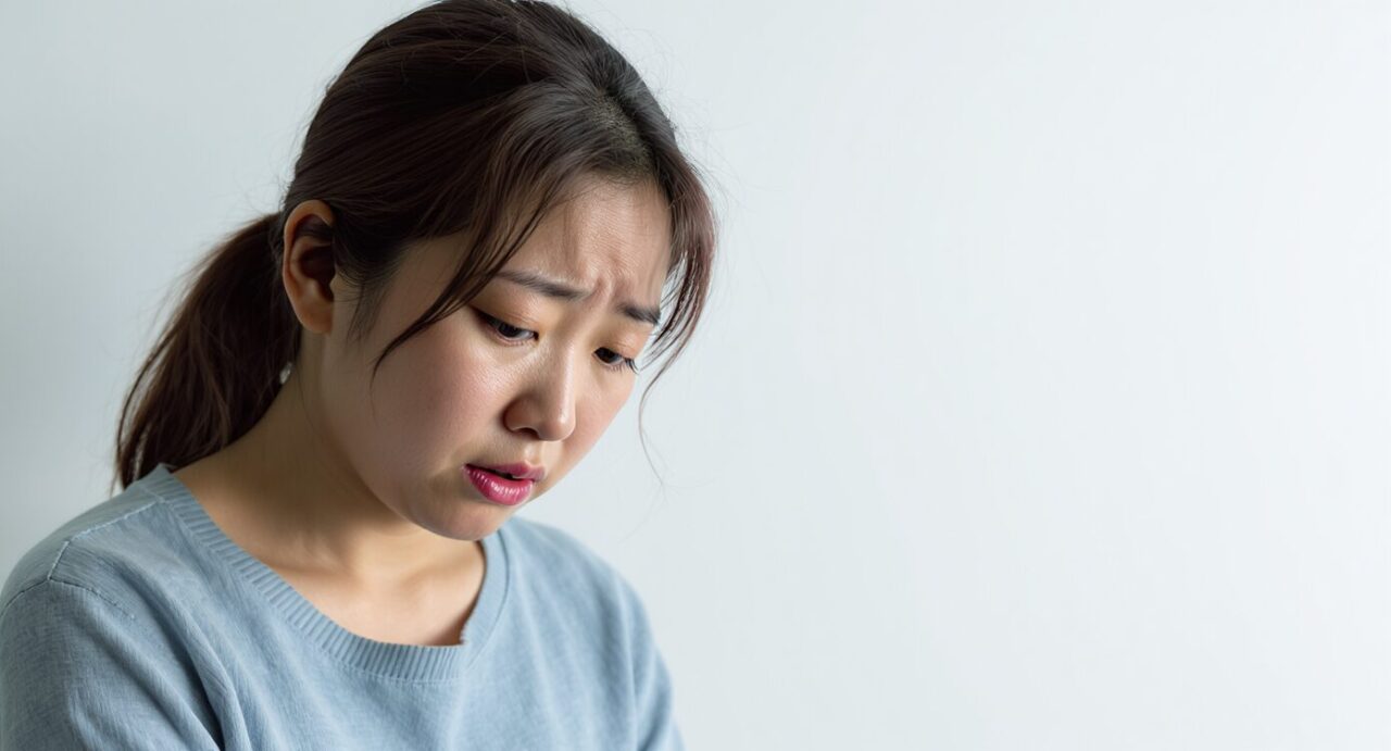 彼の気持ちがわからなくて不安そうに伏し目がちになっている女性