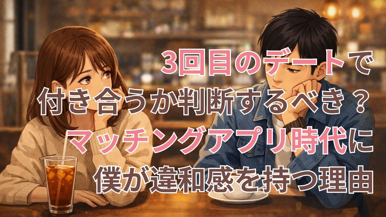 3回目のデートで付き合うか判断するべきか悩む男女がカフェで向かい合う様子