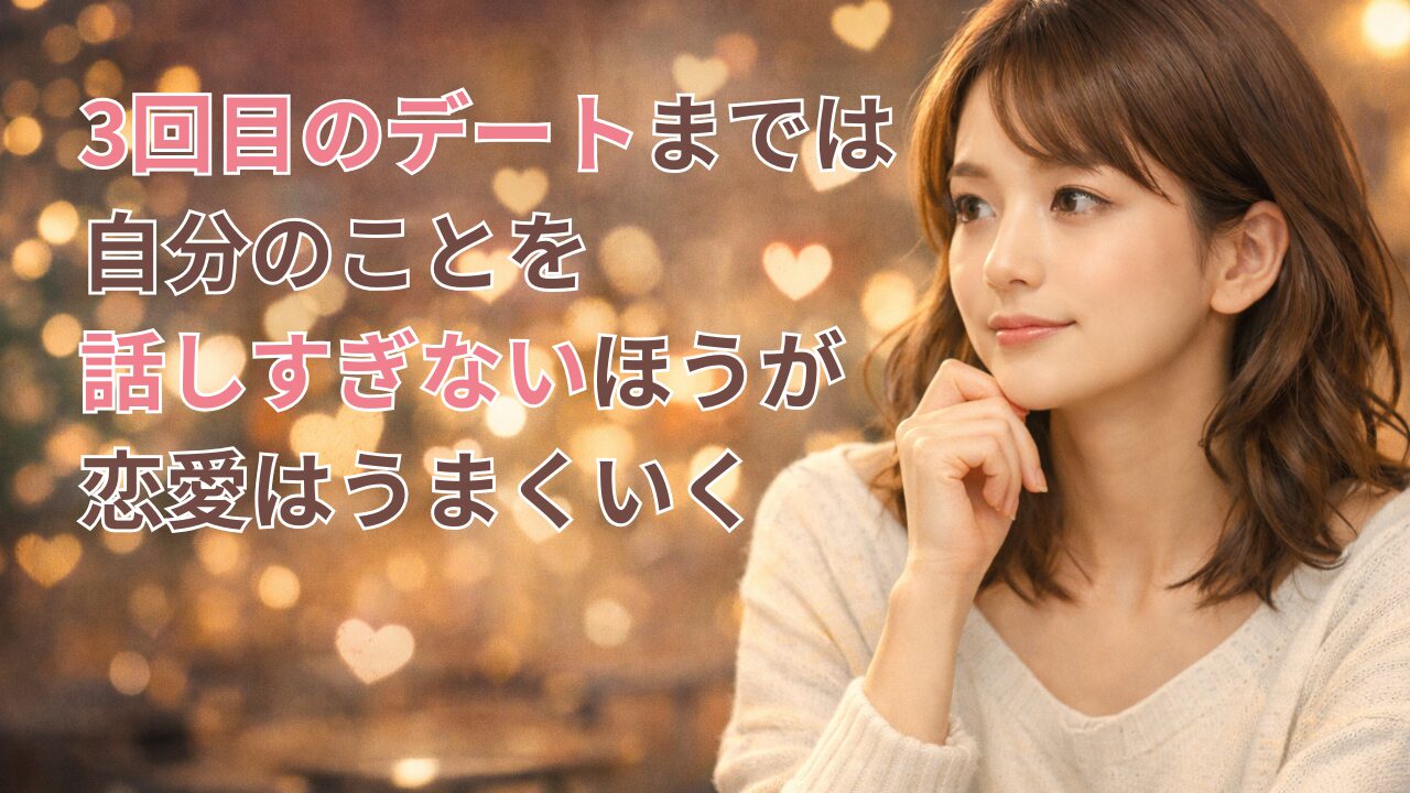 3回目のデートまでは自分のことを話しすぎないほうが恋愛はうまくいきやすいというテーマを表現したアイキャッチ画像。男性心理、恋愛初期のミステリアスさ、自己開示のコツを扱う記事に対応。
