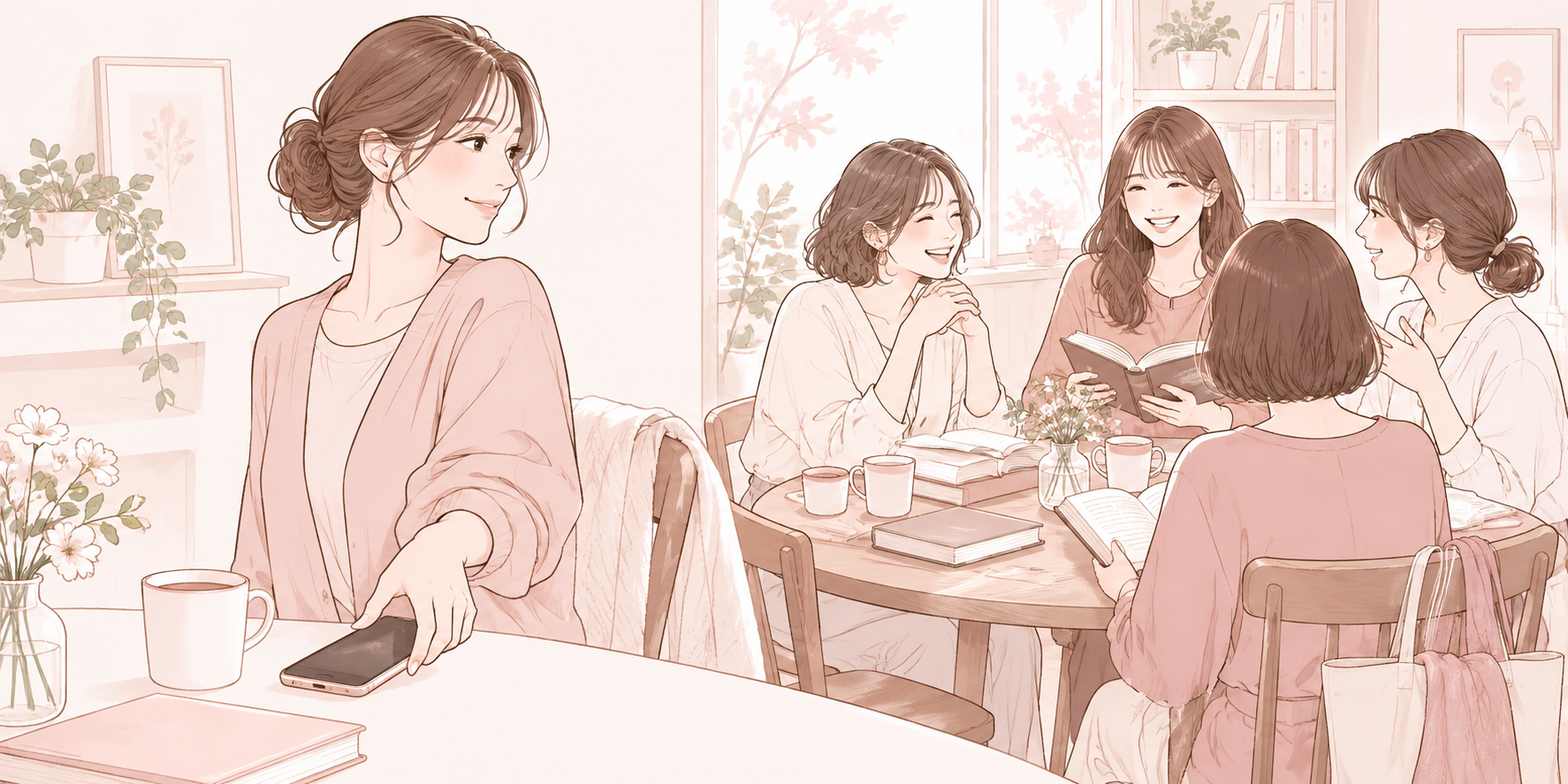 スマホを置いて休む女性と、少人数の読書会で交流する成人たち。