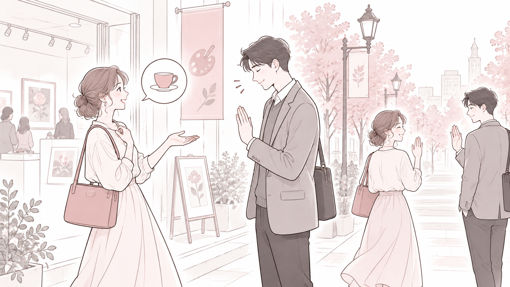 展示会の帰りに誘いを断る男性と、その返事を穏やかに受け止める女性。