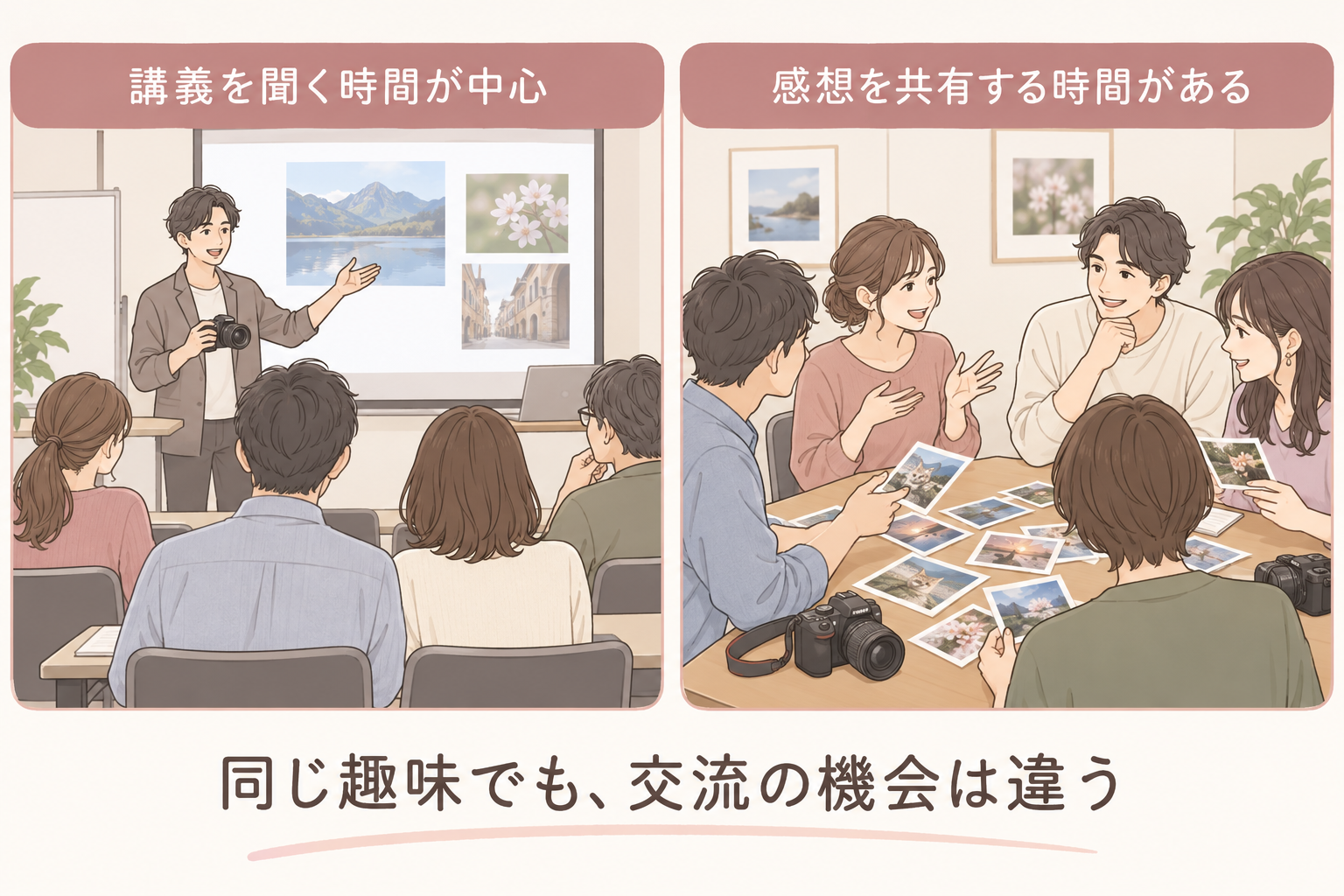 写真講座で講義を聞く場面と、参加者同士が写真の感想を話し合う場面の比較