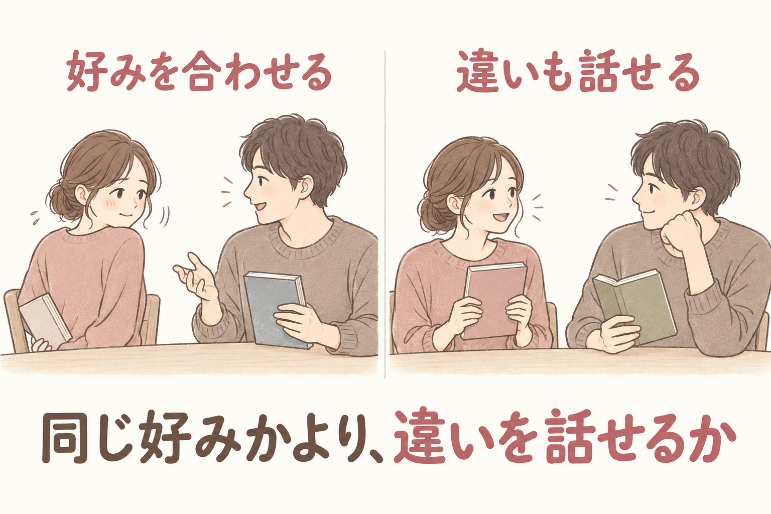 同じ感想に合わせて本を隠す女性と、異なる本を持ちながら男女が感想を話し合う場面の比較。