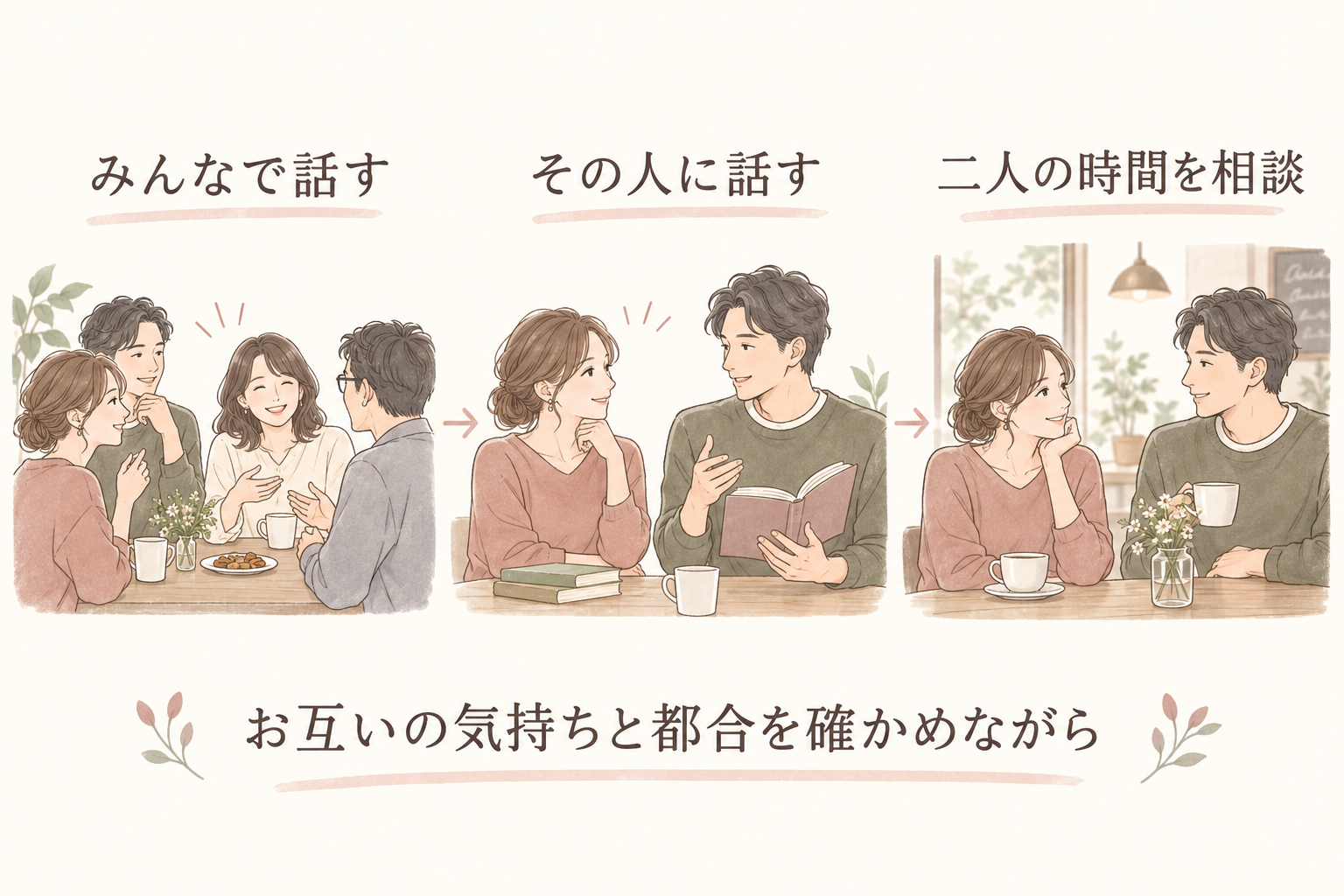 グループで話す、その人に向けて本の話をする、二人でお茶をする場面を並べた図。お互いの気持ちと都合を確かめながら接点を育てる。