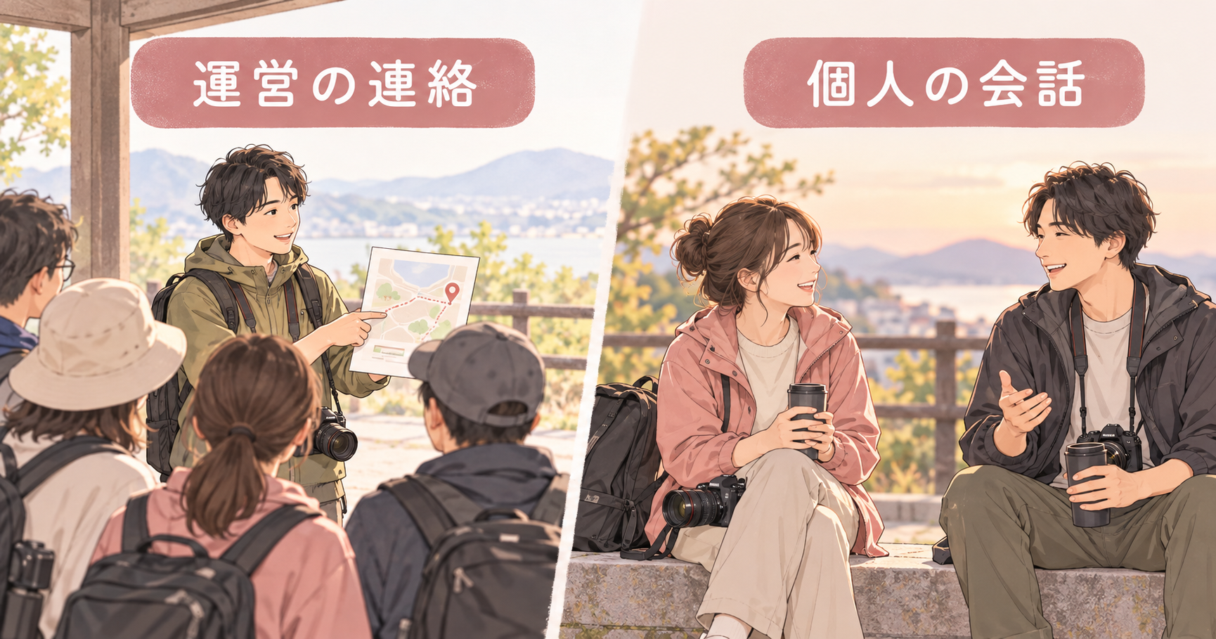 会場や持ち物の運営連絡と、お互いの意思で交わす個人的な会話を分けた二つの場面。