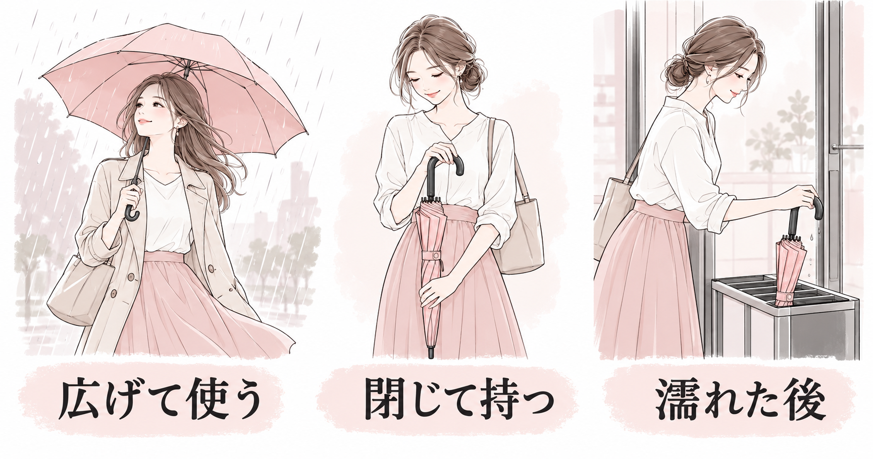 傘を広げて使う、閉じて持つ、濡れた後に周囲を確認して扱う三つの場面。