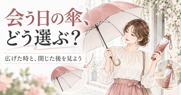 長傘と折りたたみ傘を並べ、広げた大きさと収納した長さを見比べる成人女性。
