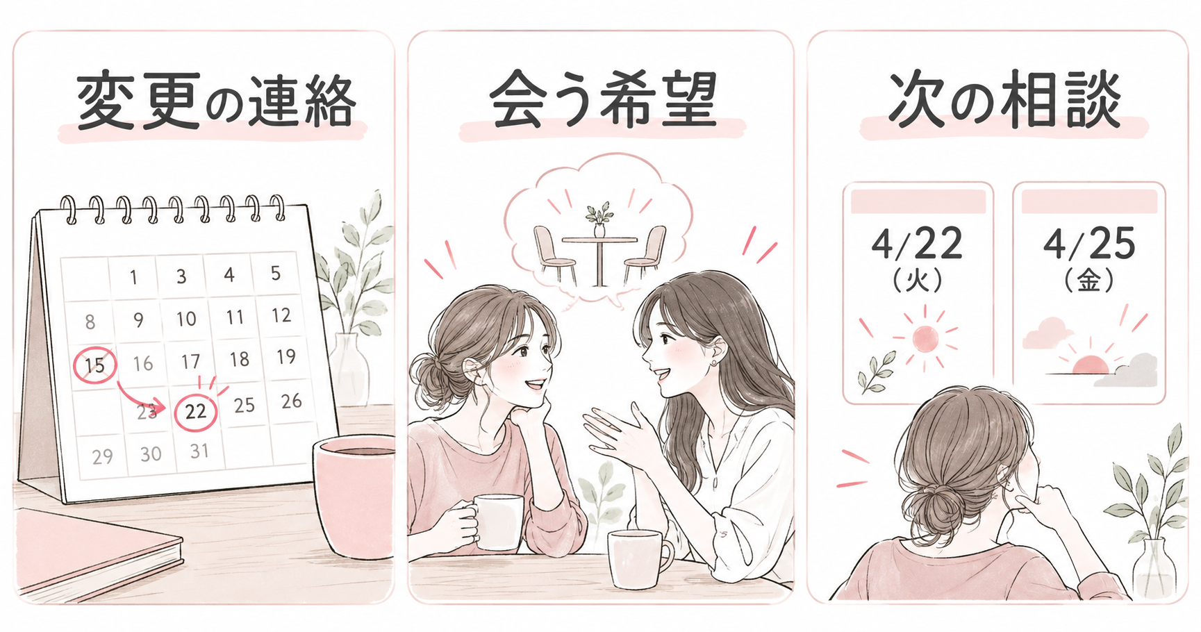 決まった予定への変更連絡、会う希望、相談できる候補日を別々のカードで示す図。