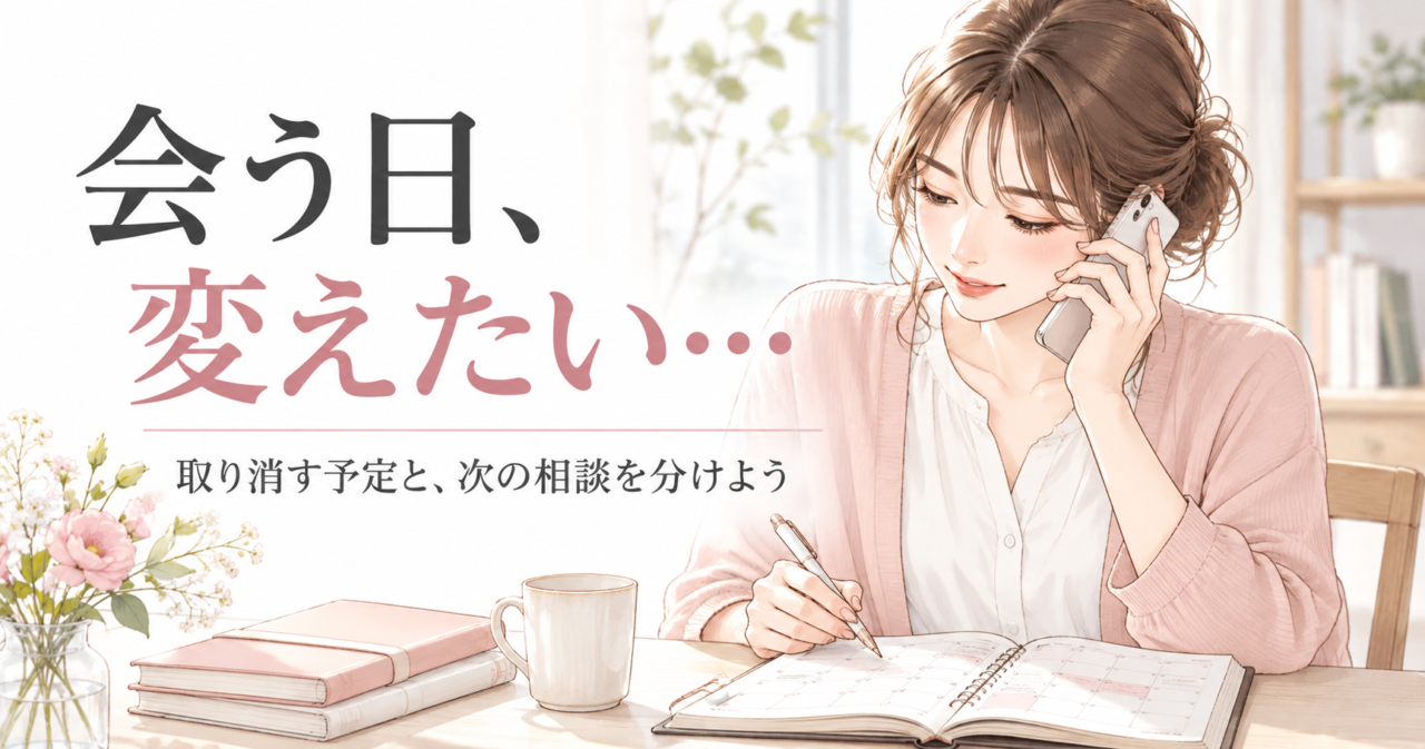 カレンダーの決まった日と別の日の候補を見ながら、会う予定の変更を連絡する女性。