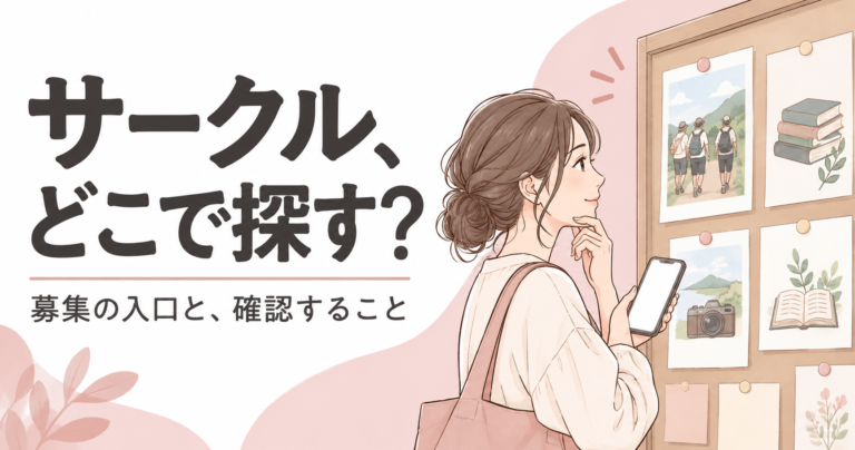 地域の掲示板とスマートフォンで活動を探す女性と「サークル、どこで探す？」の見出し。